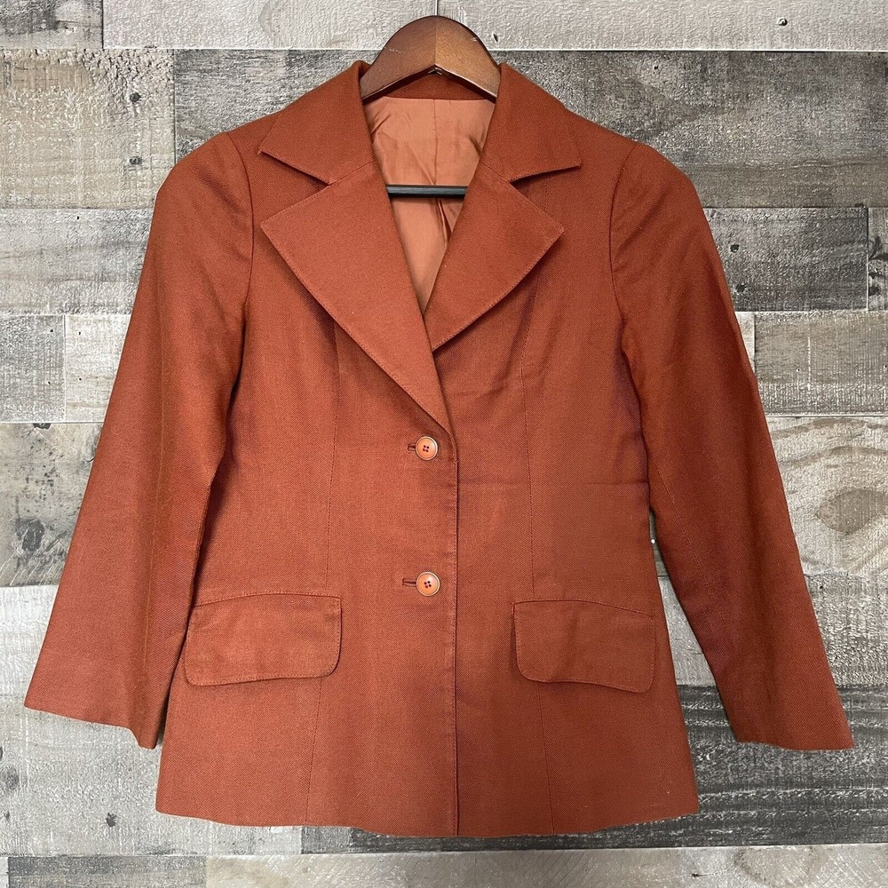 Vintage 60s 70s Womens S Brown 2 Button Jacket Blazer Coat Retro Twill‎ Lined
